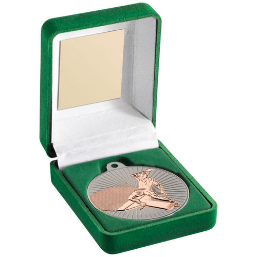 Green Velvet Box And 50mm Table Tennis Medal - Matt Silver/Bronze by Legacy Outfitters