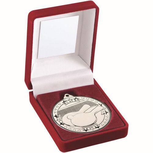 Red Velvet Box And 50mm Medal Table Tennis - Silver by Legacy Outfitters