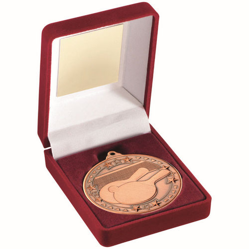 Red Velvet Box And 50mm Medal Table Tennis - Bronze by Legacy Outfitters