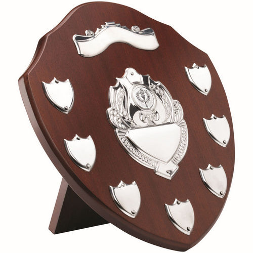 MAHOGANY SHIELD WITH CHROME FRONTS AND 7 RECORD SHIELDS (1in CENTRE) - 11in