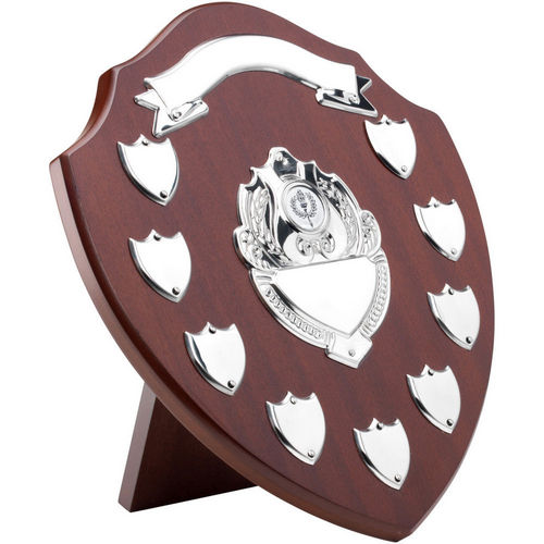 MAHOGANY SHIELD WITH CHROME FRONTS AND 9 RECORD SHIELDS (1in CENTRE) - 12.75in