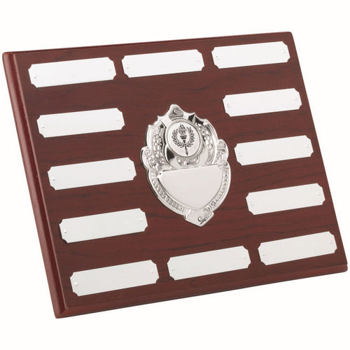 ROSEWOOD PLAQUE WITH CHROME FRONTS AND PLATES (1in CEN) 12 PLATES - 7 x 9in