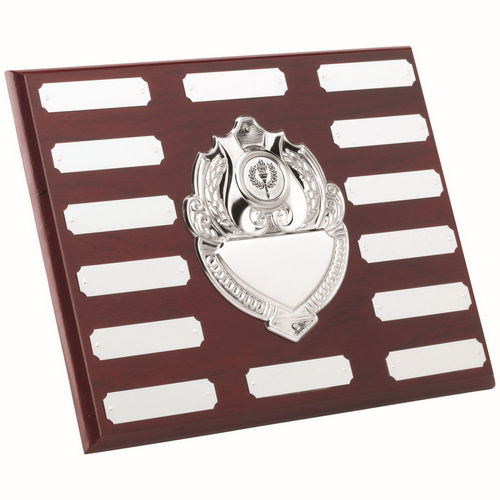 ROSEWOOD PLAQUE WITH CHROME FRONTS AND PLATES (1in CEN) 14 PLATES - 8 x 10in