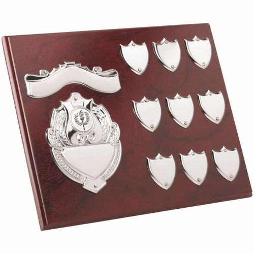 ROSEWOOD PLAQUE WITH CHROME FRONTS AND 9 RECORD SHIELDS (1in CEN) - 8 x 10in