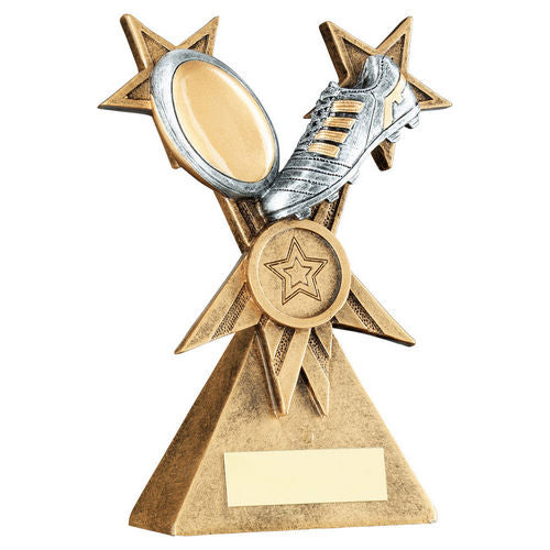 Brz/Pew/Gold Rugby Ball And Boot On Tri Star Riser With Plate (1in Cen) - 121mm by Legacy Outfitters
