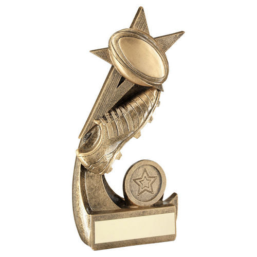 Brz/Gold Rugby Ball And Boot On Shooting Star With Plate (1in Centre) - 114mm by Legacy Outfitters