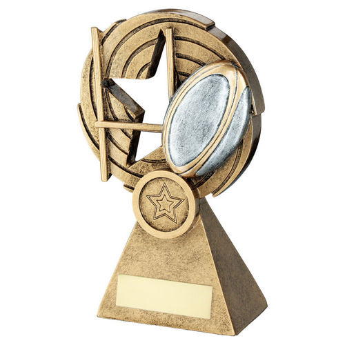 Brz/Pew/Gold Rugby Ball And Posts On Holed Spiral With Plate (1in Cen) - 152mm by Legacy Outfitters
