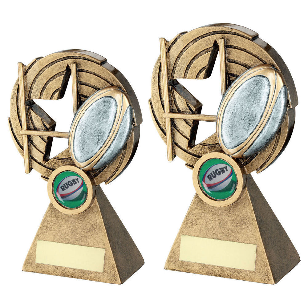 Brz/Pew/Gold Rugby Ball And Posts On Holed Spiral With Plate (1in Cen) by Legacy Outfitters