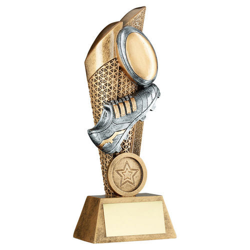Brz/Pew/Gold Rugby Ball And Boot On Mesh Backdrop With Plate (1in Cen) - 127mm by Legacy Outfitters