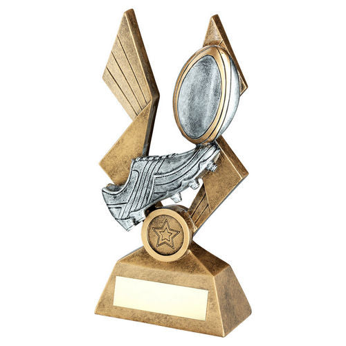Brz/Pew/Gold Rugby Ball And Boot On Pointed Backdrop With Plate (1in Cen) - 203mm by Legacy Outfitters