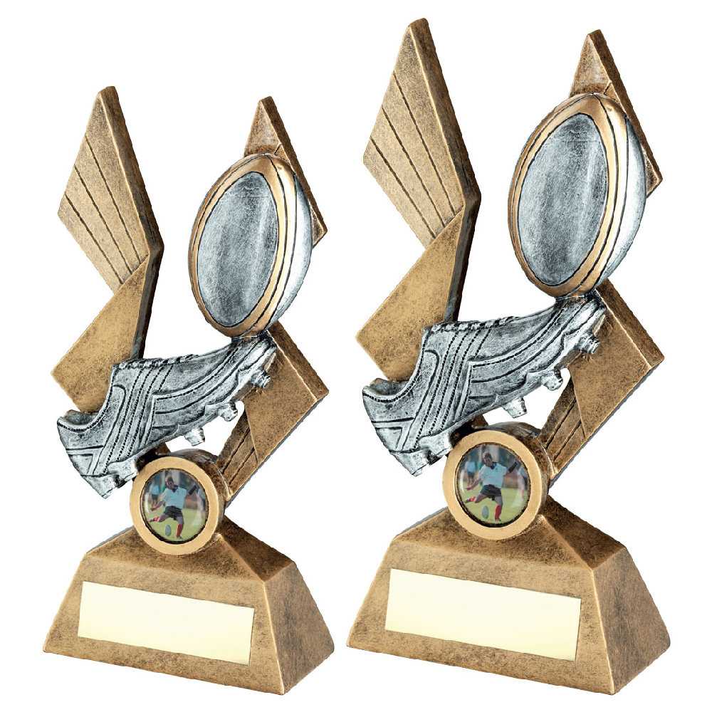 Brz/Pew/Gold Rugby Ball And Boot On Pointed Backdrop With Plate (1in Cen) by Legacy Outfitters