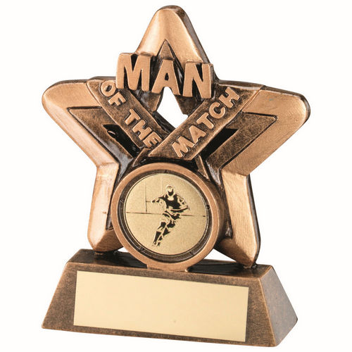 BRZ/GOLD MAN OF THE MATCH MINI STAR WITH RUGBY INSERT AND PLATE - 3.75in