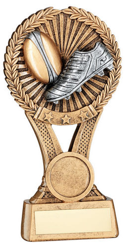 Brz/Gold/Pew Rugby Round Wreath On V Riser With Plate (1in Cen) - 127mm by Legacy Outfitters