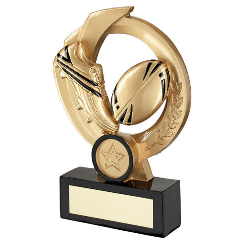 Gold/Black Rugby Ball And Boot On Round Wreath With Plate (1in Centre) - 114mm by Legacy Outfitters