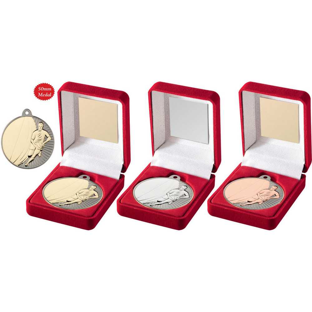 Red Velvet Box And 50mm Rugby Medal by Legacy Outfitters