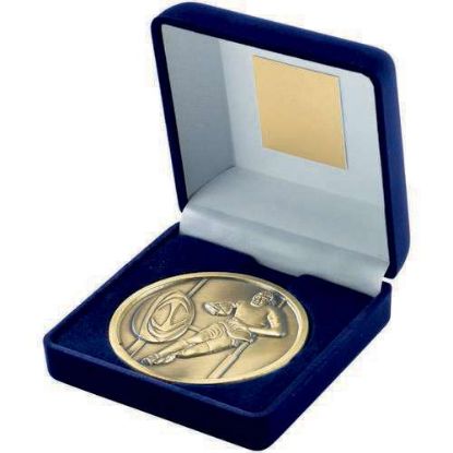 BLUE VELVET BOX AND 70mm MEDALLION RUGBY