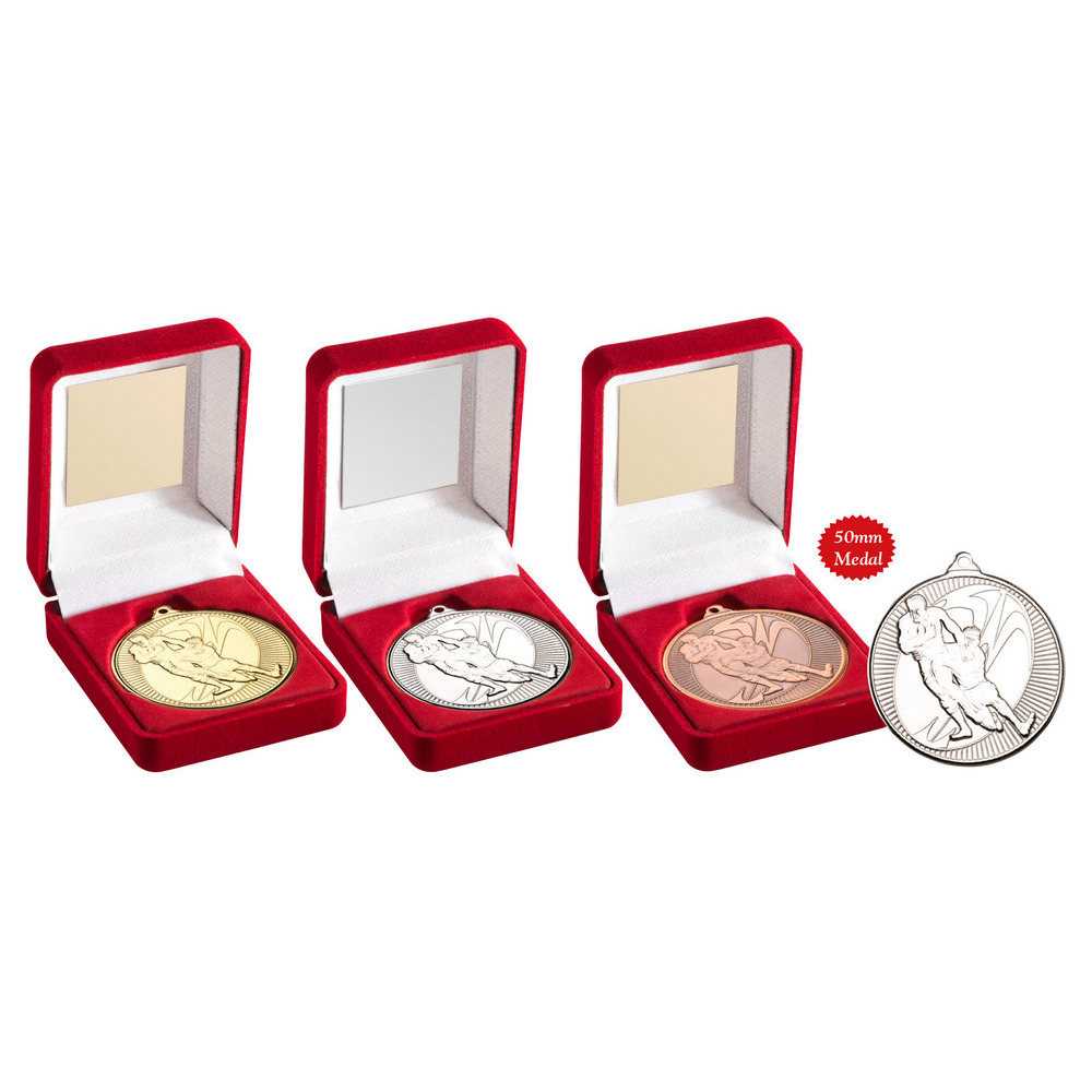 Red Velvet Box And 50mm Medal Rugby by Legacy Outfitters