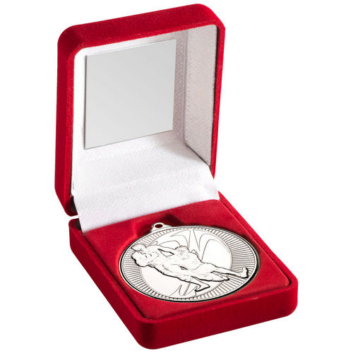 Red Velvet Box And 50mm Medal Rugby - Silver by Legacy Outfitters