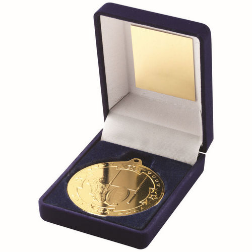 Blue Velvet Box And 50mm Medal Rugby - Gold by Legacy Outfitters
