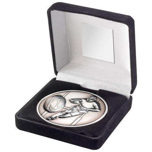 Black Velvet Box And 70mm Medallion Rugby - Antique Silver by Legacy Outfitters