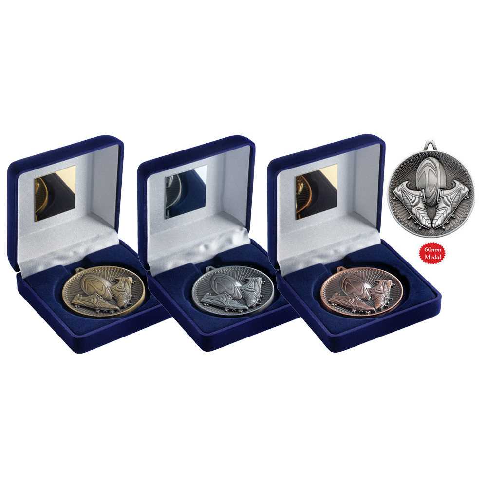 Blue Velvet Box And 60mm Medal Rugby by Legacy Outfitters