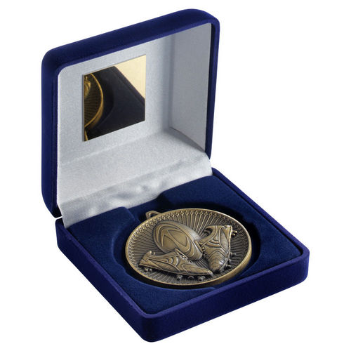 Blue Velvet Box And 60mm Medal Rugby - Antique Gold by Legacy Outfitters