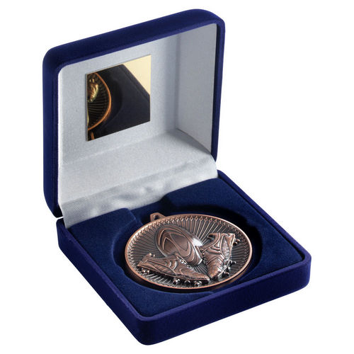 Blue Velvet Box And 60mm Medal Rugby - Bronze by Legacy Outfitters