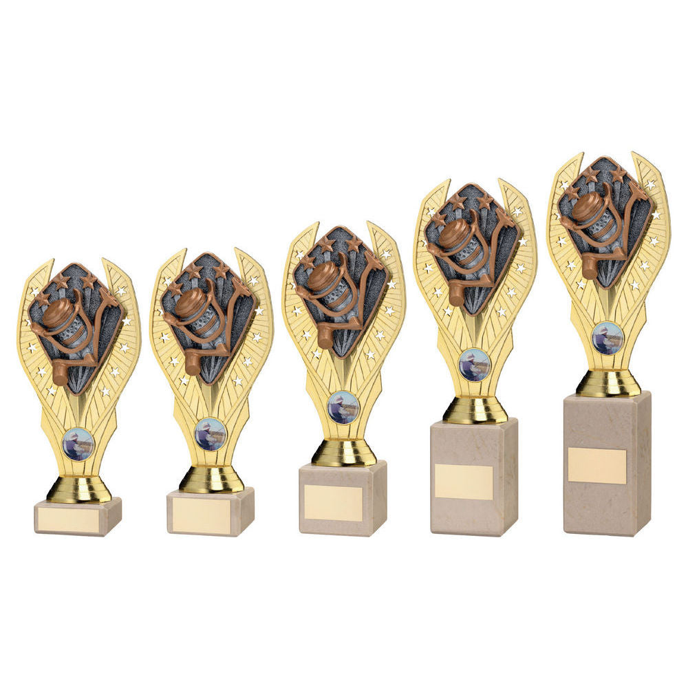 GOLD PLASTIC HOLDER + ANGLING DISC ON CREAM MARBLE TROPHY (1in CEN)