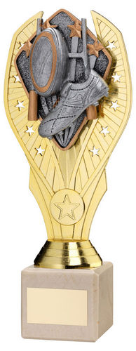 Gold Plastic Holder + Rugby Disc On Cream Marble Trophy (1in Cen) - 197mm by Legacy Outfitters