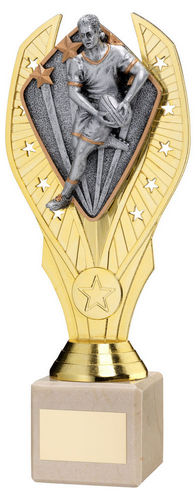 Gold Plastic Holder + Male Rugby Disc On Cream Marble Trophy (1in Cen) - 197mm by Legacy Outfitters