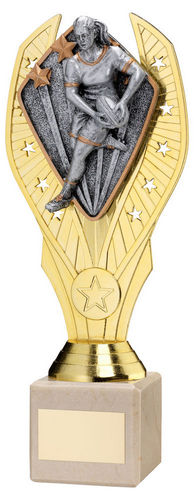 Gold Plastic Holder + Female Rugby Disc On Cream Marble Trophy (1in Cen) - 197mm by Legacy Outfitters