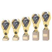 Gold Plastic Holder + Female Rugby Disc On Cream Marble Trophy (1in Cen) by Legacy Outfitters