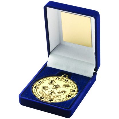 BLUE VELVET BOX AND 50mm SPORTS DAY MEDAL