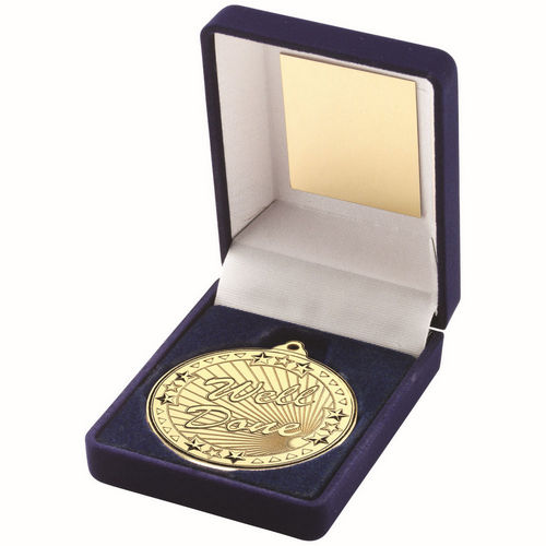 BLUE VELVET BOX AND 50mm MEDAL WELL DONE