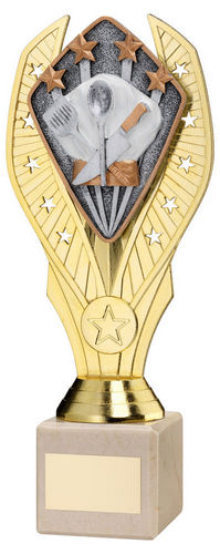 Gold Plastic Holder + Cooking Disc On Cream Marble Trophy (1in Cen) - 197mm by Legacy Outfitters