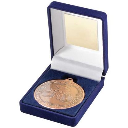 BLUE VELVET BOX AND 50mm MEDAL CYCLING