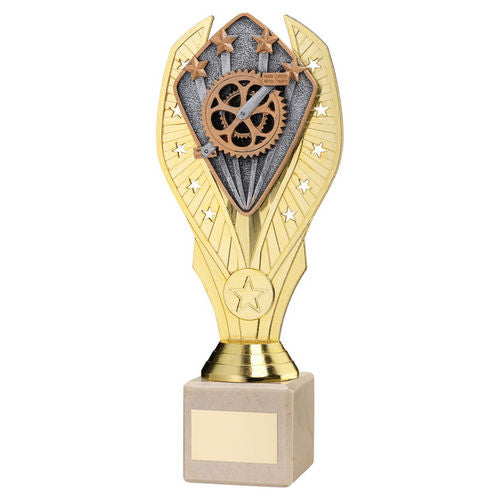 Gold Plastic Holder + Cycling Disc On Cream Marble Trophy (1in Cen) - 197mm by Legacy Outfitters