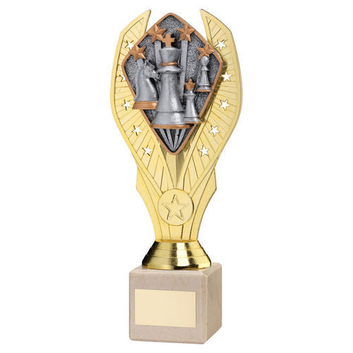 Gold Plastic Holder + Chess Disc On Cream Marble Trophy (1in Cen) - 197mm by Legacy Outfitters