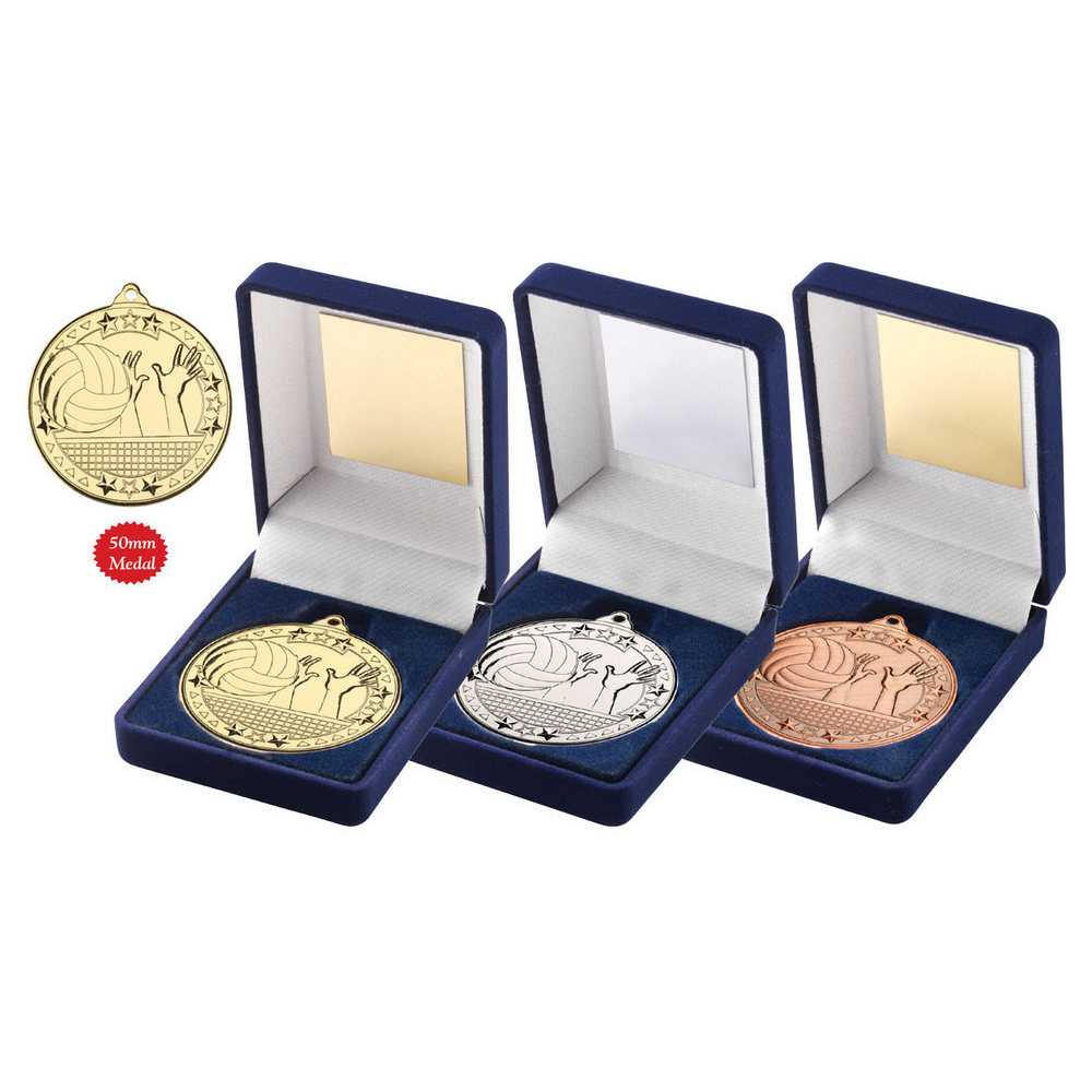Blue Velvet Box And 50mm Medal Volleyball by Legacy Outfitters