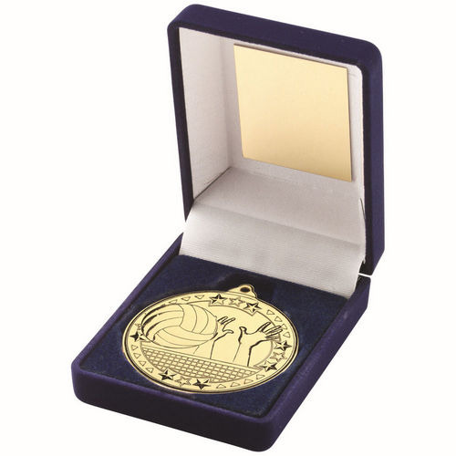 Blue Velvet Box And 50mm Medal Volleyball - Gold by Legacy Outfitters