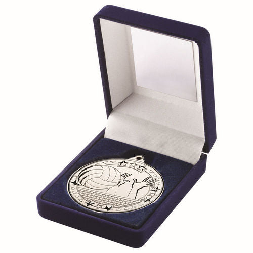Blue Velvet Box And 50mm Medal Volleyball - Silver by Legacy Outfitters