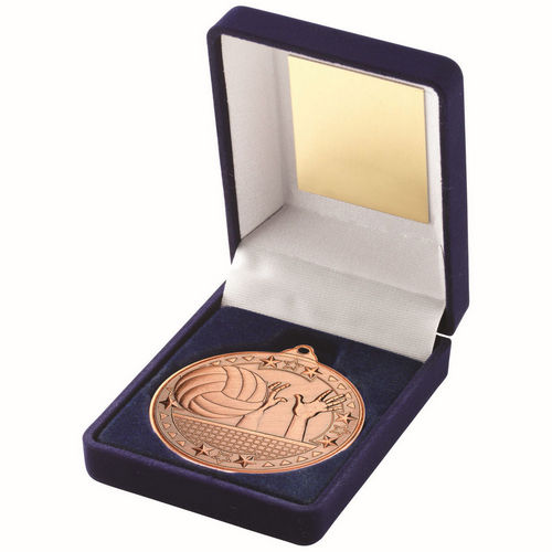 Blue Velvet Box And 50mm Medal Volleyball - Bronze by Legacy Outfitters