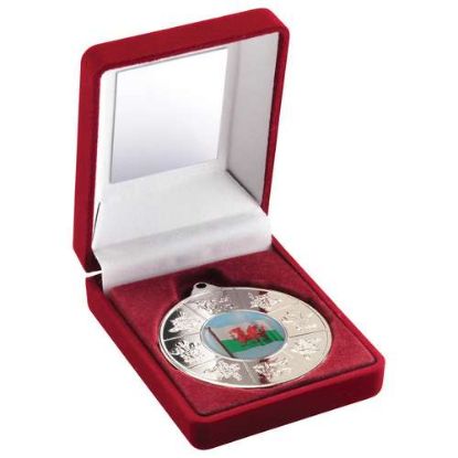 RED VELVET BOX AND 50mm MEDAL WALES (1in CENTRE)
