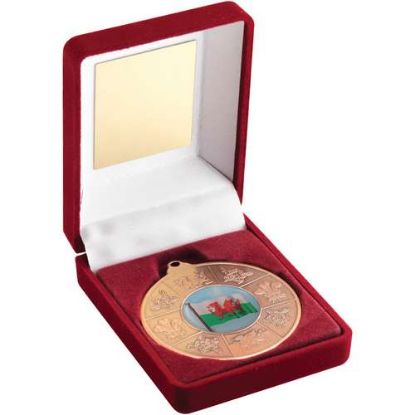 RED VELVET BOX AND 50mm MEDAL WALES (1in CENTRE)