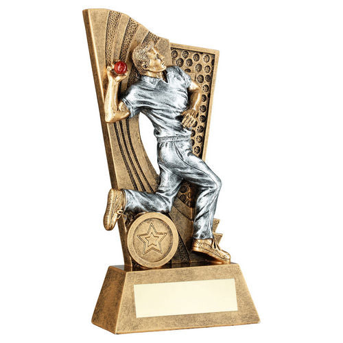Brz/Pew/Red Male Cricket Bowler On Backdrop With Plate (1in Centre) - 152mm by Legacy Outfitters