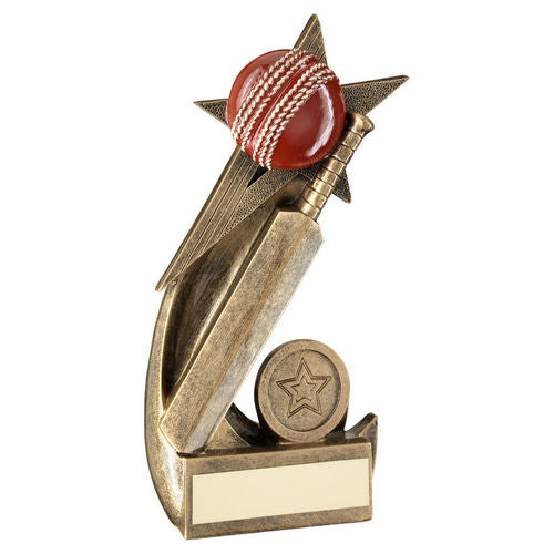 Brz/Gold/Red Cricket Ball And Bat On Shooting Star With Plate (1in Cen) - 114mm by Legacy Outfitters