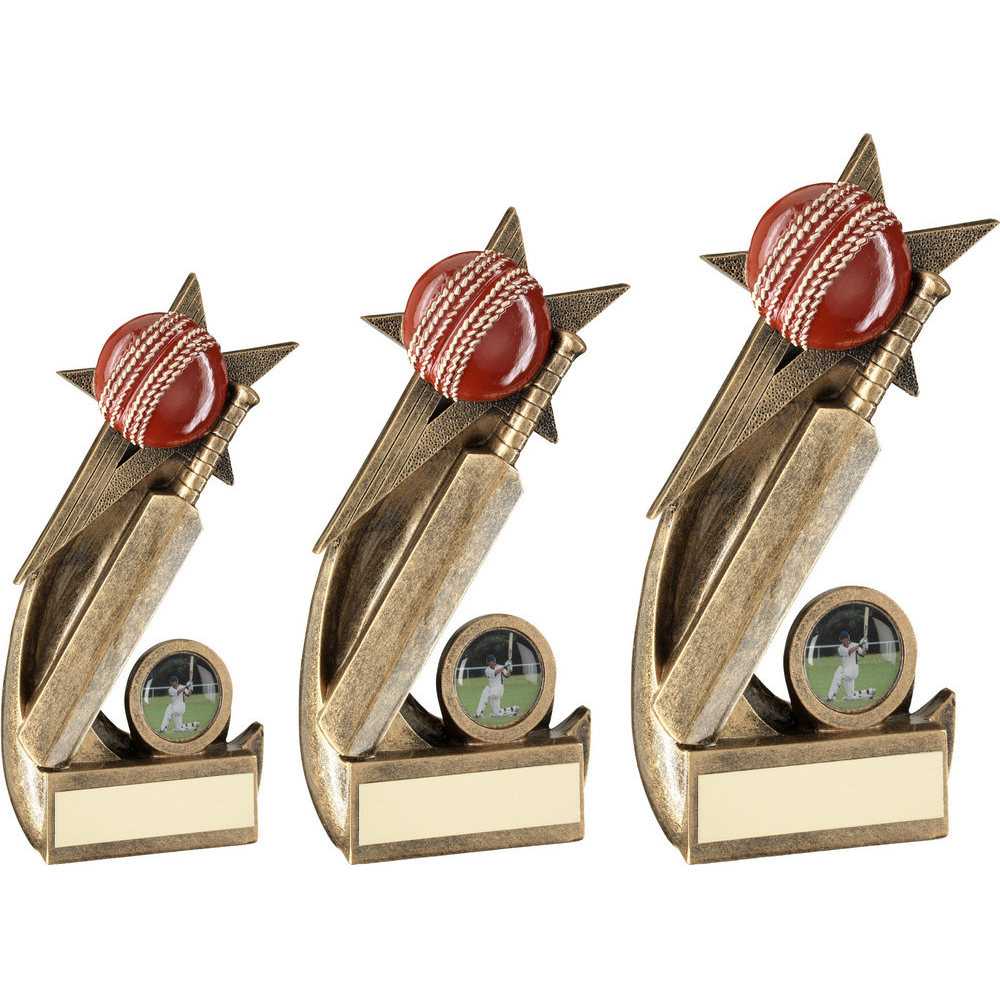 Brz/Gold/Red Cricket Ball And Bat On Shooting Star With Plate (1in Cen) by Legacy Outfitters