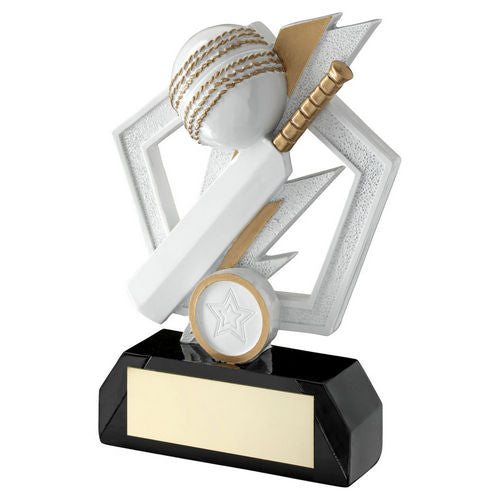 White/Gold/Black Cricket Bat And Ball On Pentagon With Plate (1in Cen) - 133mm by Legacy Outfitters