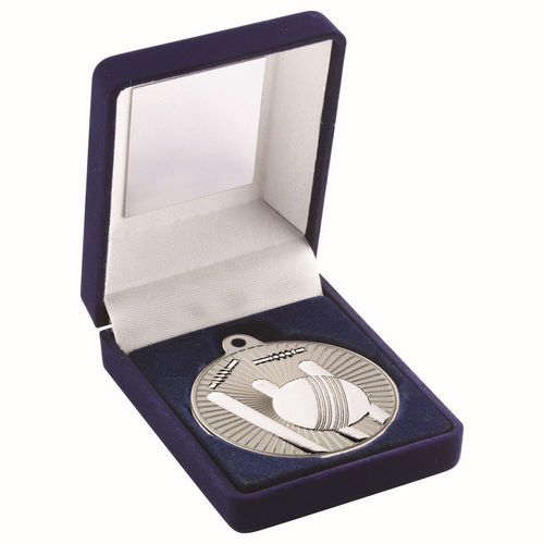 Blue Velvet Box And 50mm Cricket Medal - Matt Silver/Silver by Legacy Outfitters
