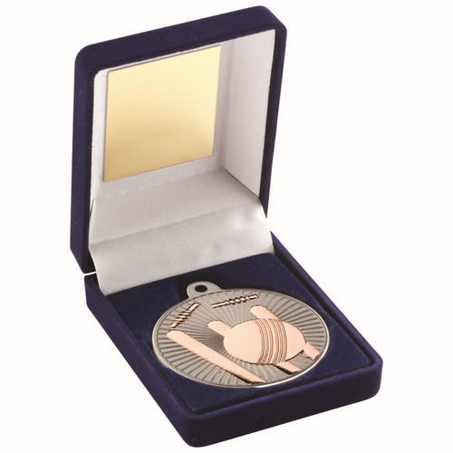 Blue Velvet Box And 50mm Cricket Medal - Matt Silver/Bronze by Legacy Outfitters